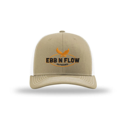 EBB N FLOW Outdoors Richardson 112 Trucker Hat (Tan) - Featuring our Front Black and Orange Logo - EBB N FLOW OUTDOORS