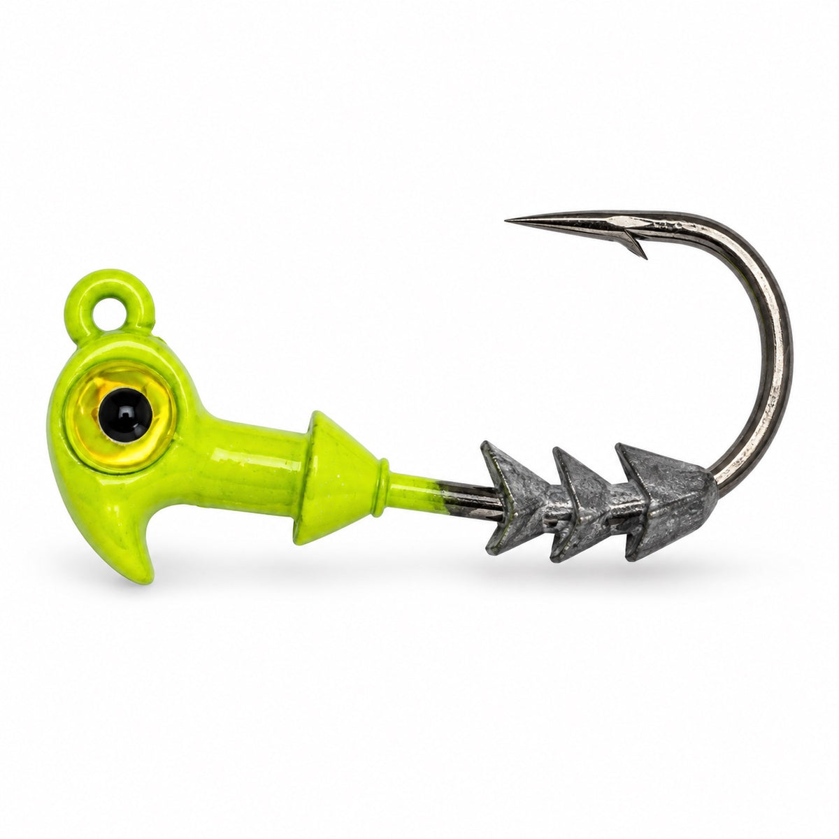 The Upgrade Ned Rig Jighead, Floro Yellow with Prism Eye, side view of 1/0 2X Mustad hook and barbed bait keeper