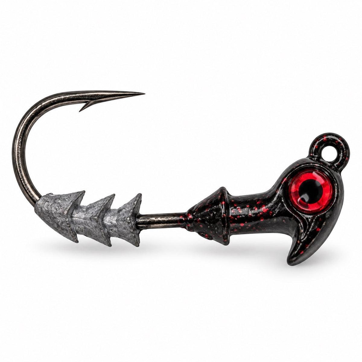 The Upgrade Ned Rig Jighead, Watermelon Green w/ Red Flake with Red Eye, side view of 1/0 2X Mustad hook and barbed bait keeper